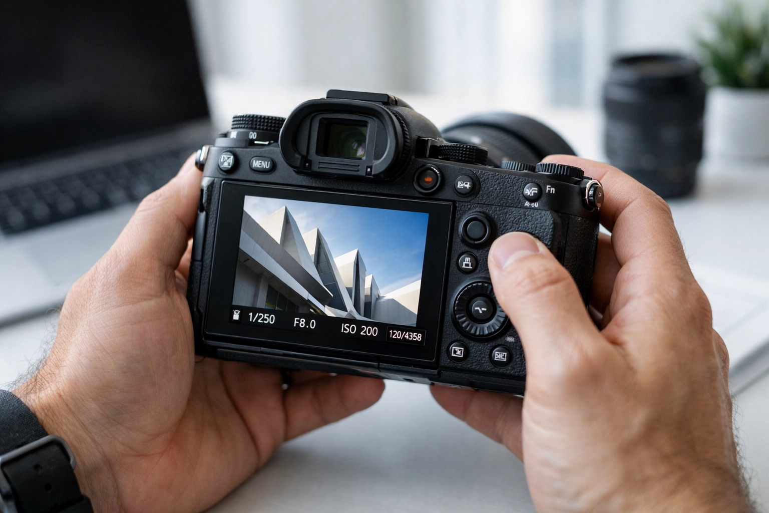 Professional photographer reviewing high-quality architectural shots on a camera screen in a modern studio.