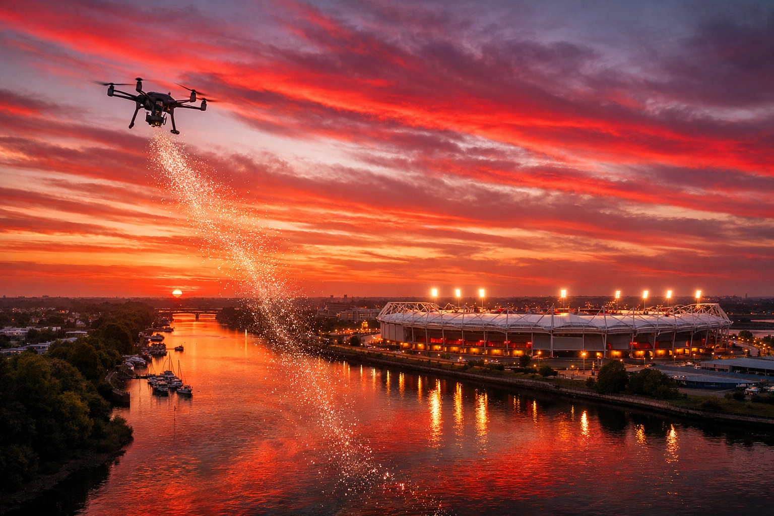 Drone ash scattering ceremony near Southampton FC’s St Mary’s Stadium and River Itchen at sunset.