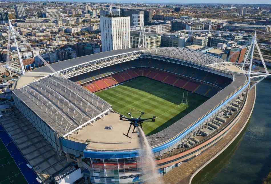 A professional drone scatters ashes above Cardiff’s Principality Stadium
