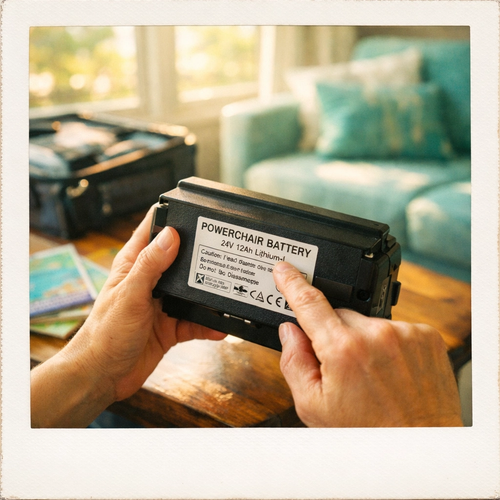 A traveler checking technical specifications on a powerchair battery before a flight.