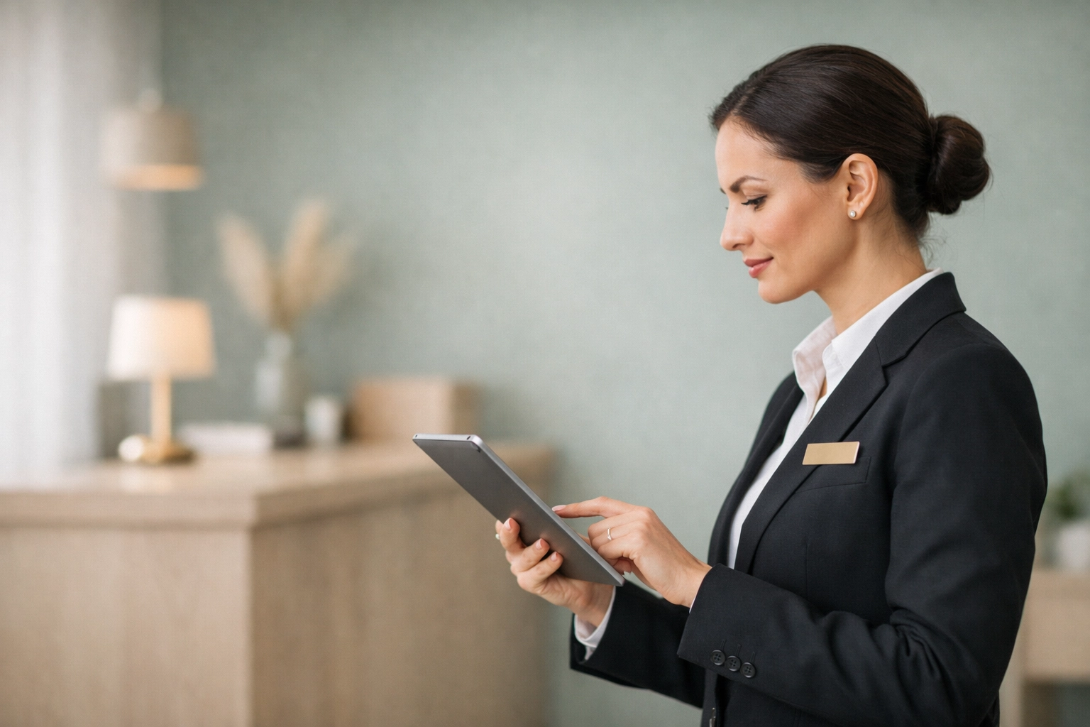 A hotel manager using a tablet to monitor automated staffing and operational efficiency.