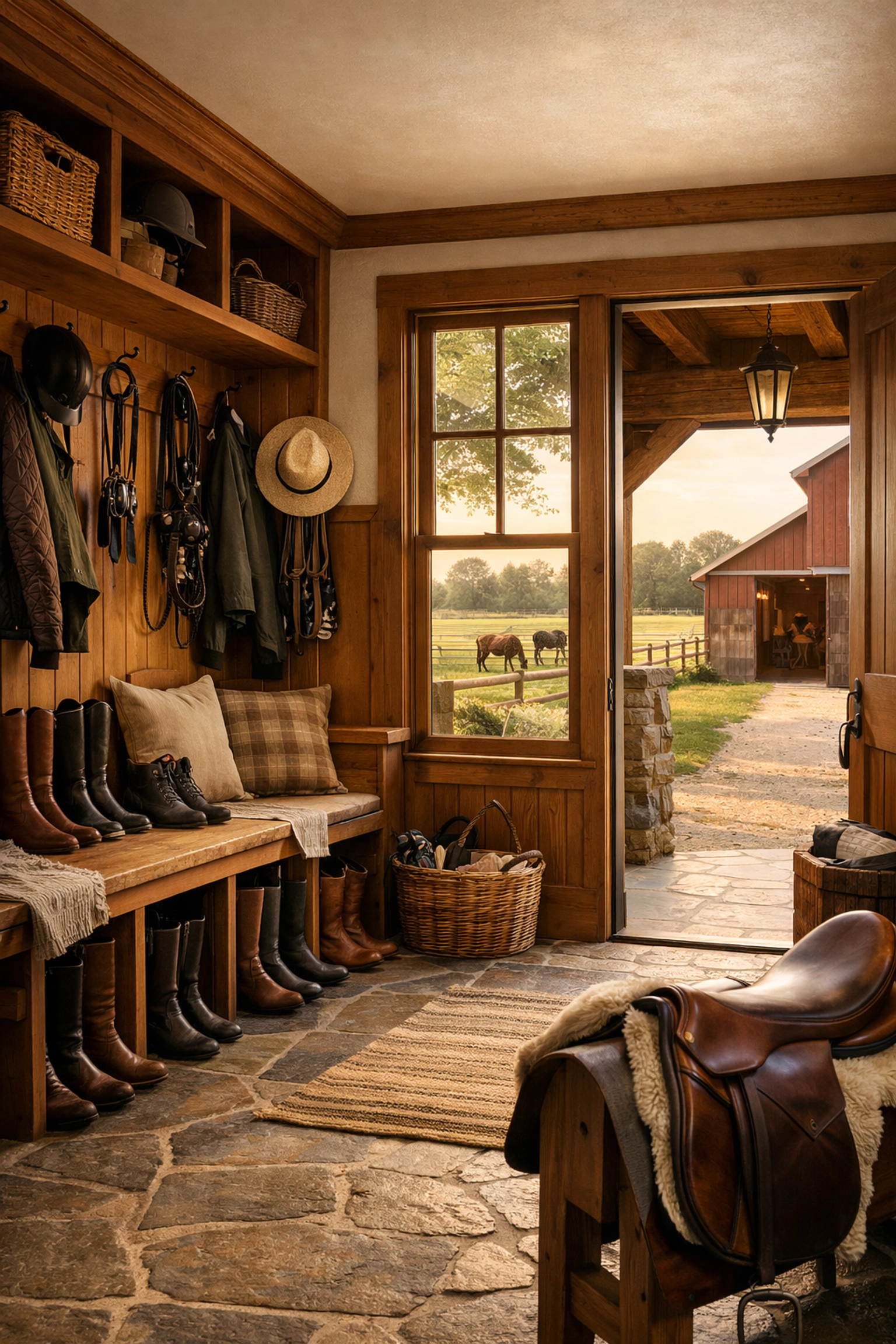 Equestrian home mudroom with view of barn and pastures at Waxhaw horse farm