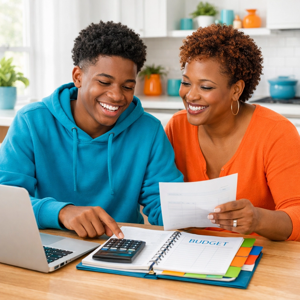 Parent teaching teen financial literacy and budgeting skills at kitchen table