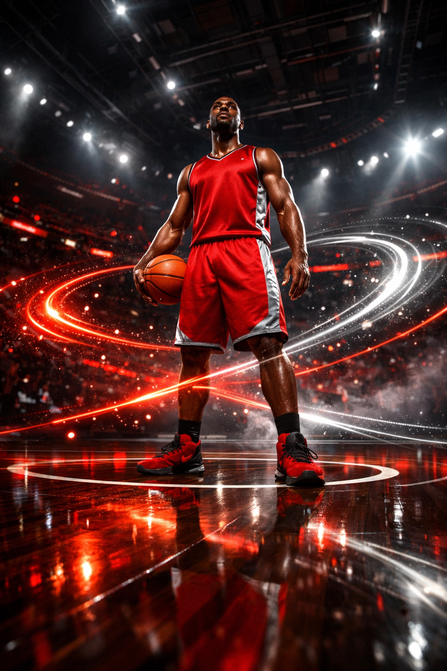 Basketball player at center court in a futuristic arena symbolizing NBA AI predictions and betting analytics.