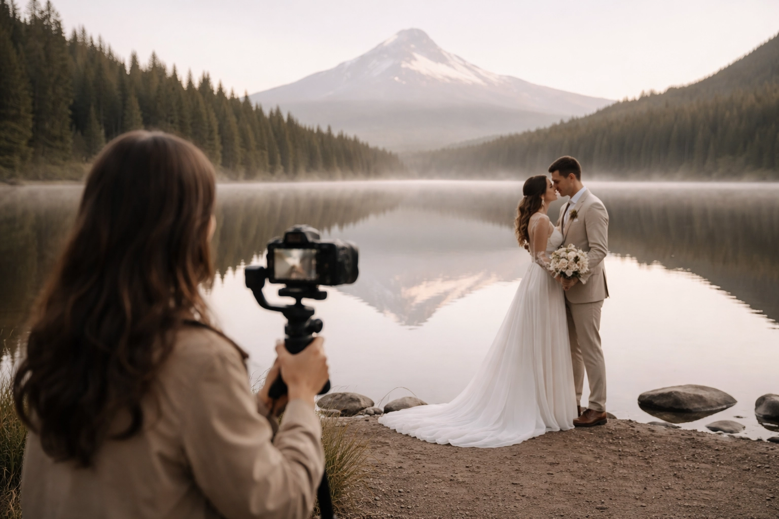Female videographer at Trillium Lake filming an opposite-sex couple with Mt. Hood reflection in the background