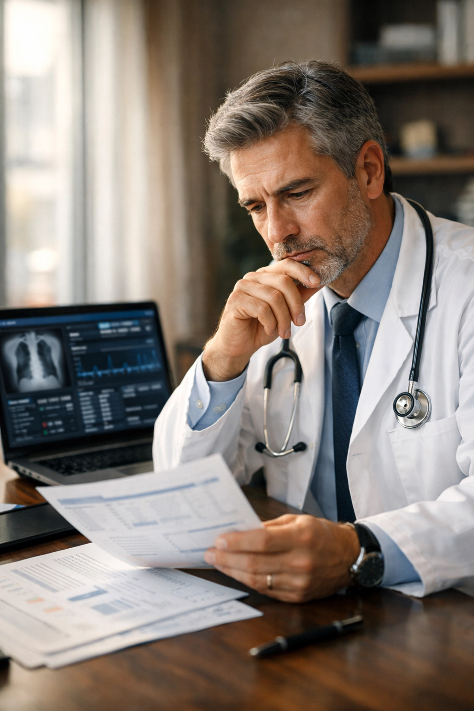 Concierge doctor in Beverly Hills reviewing mold toxicity test results and medical charts