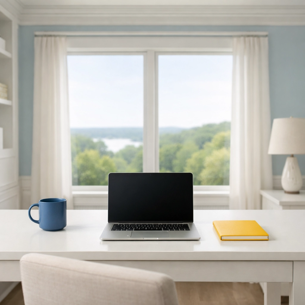 A clutter-free Groton home office showcasing the mental peace of regular professional house cleaning services.