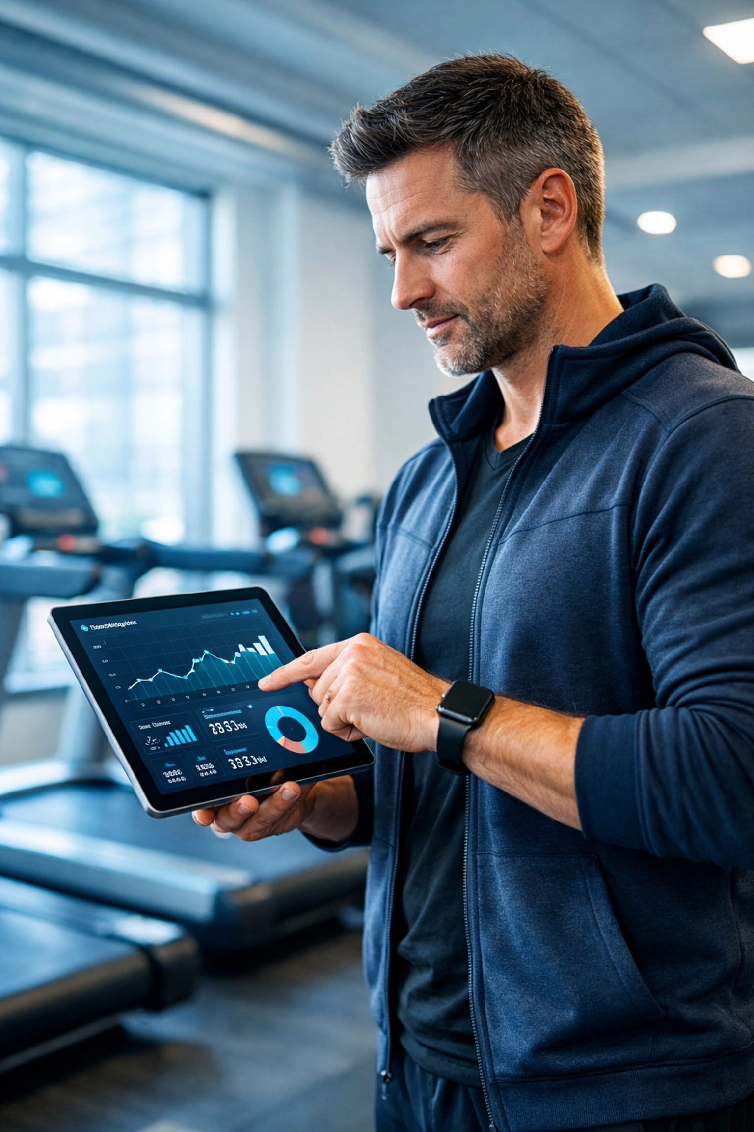 Gym manager reviewing WiFi analytics data on tablet in modern fitness facility