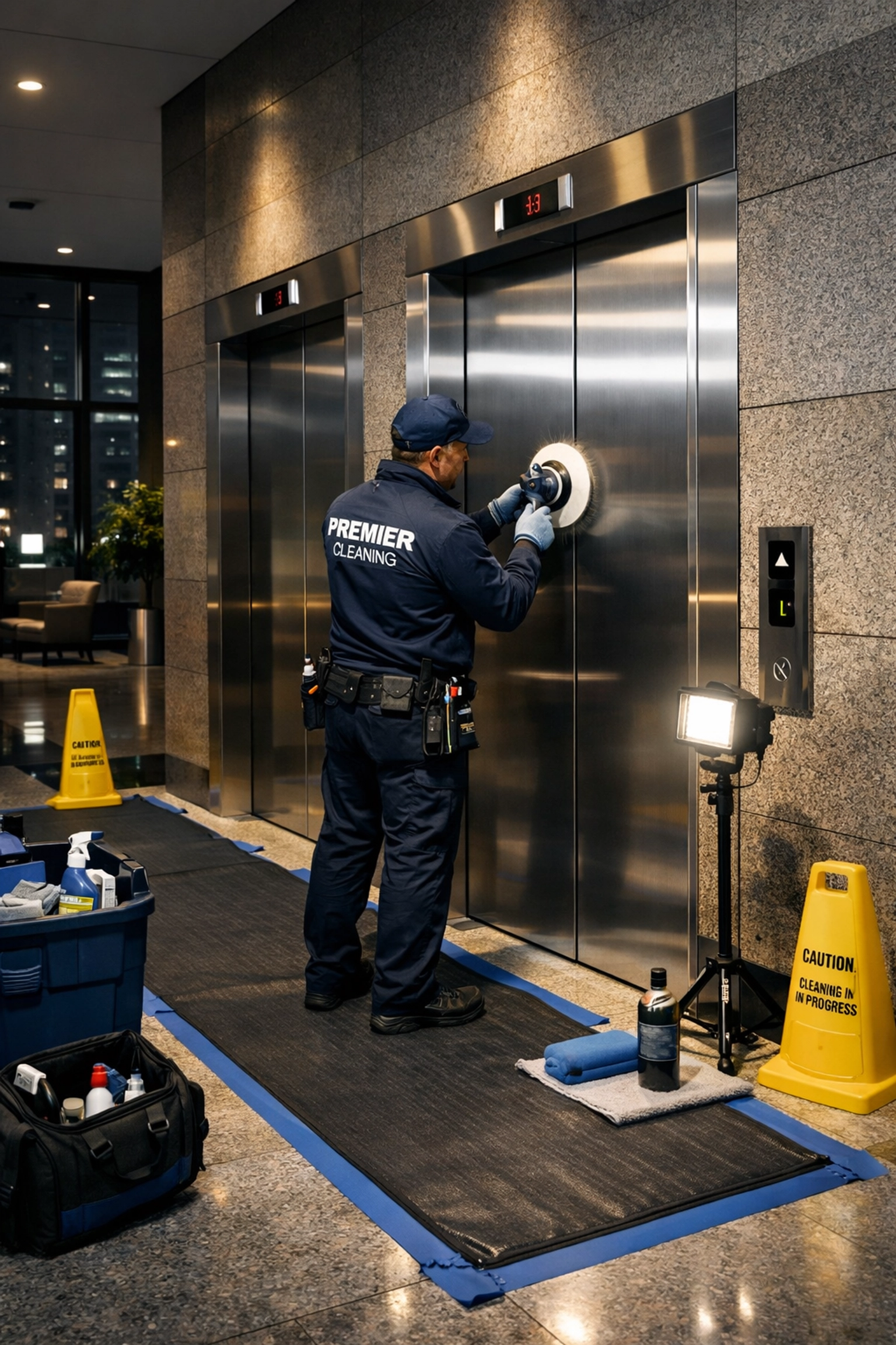 Professional technician polishing elevator doors during low-disruption night maintenance service.