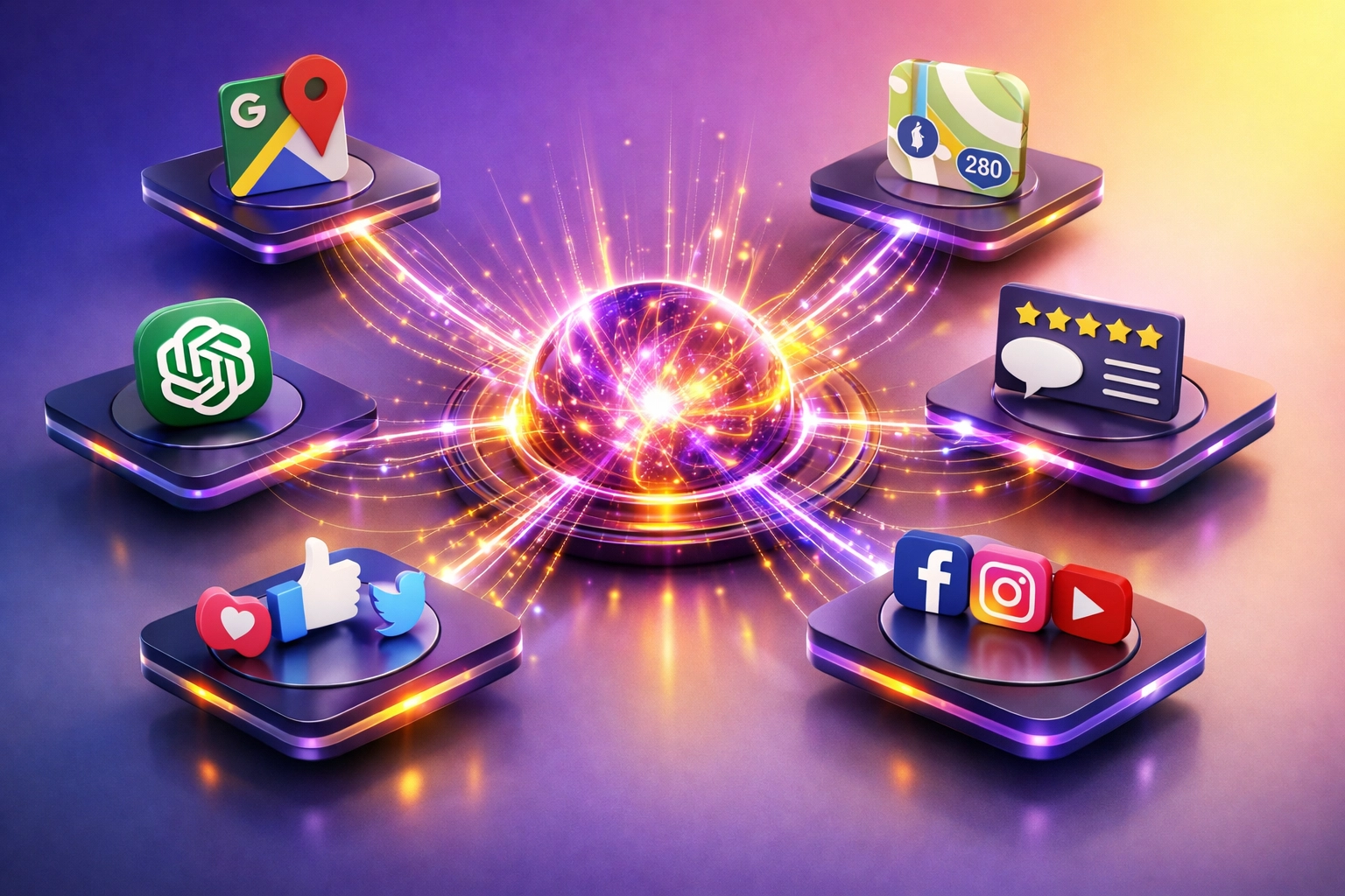 Business entity connected to multiple platforms including Google Maps, Apple Maps, and AI search