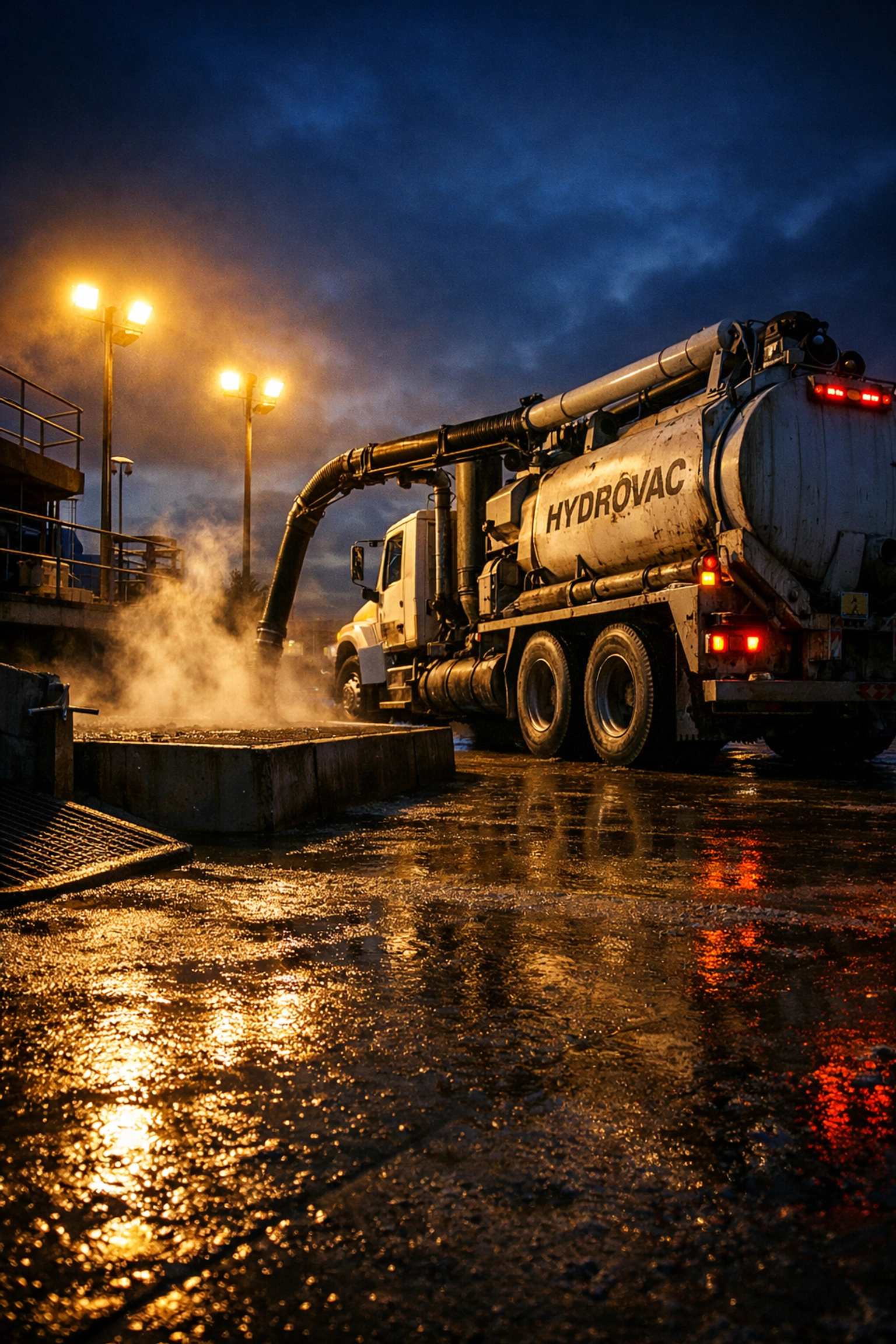 Hydrovac truck at a dedicated slurry disposal facility for liquid waste management.