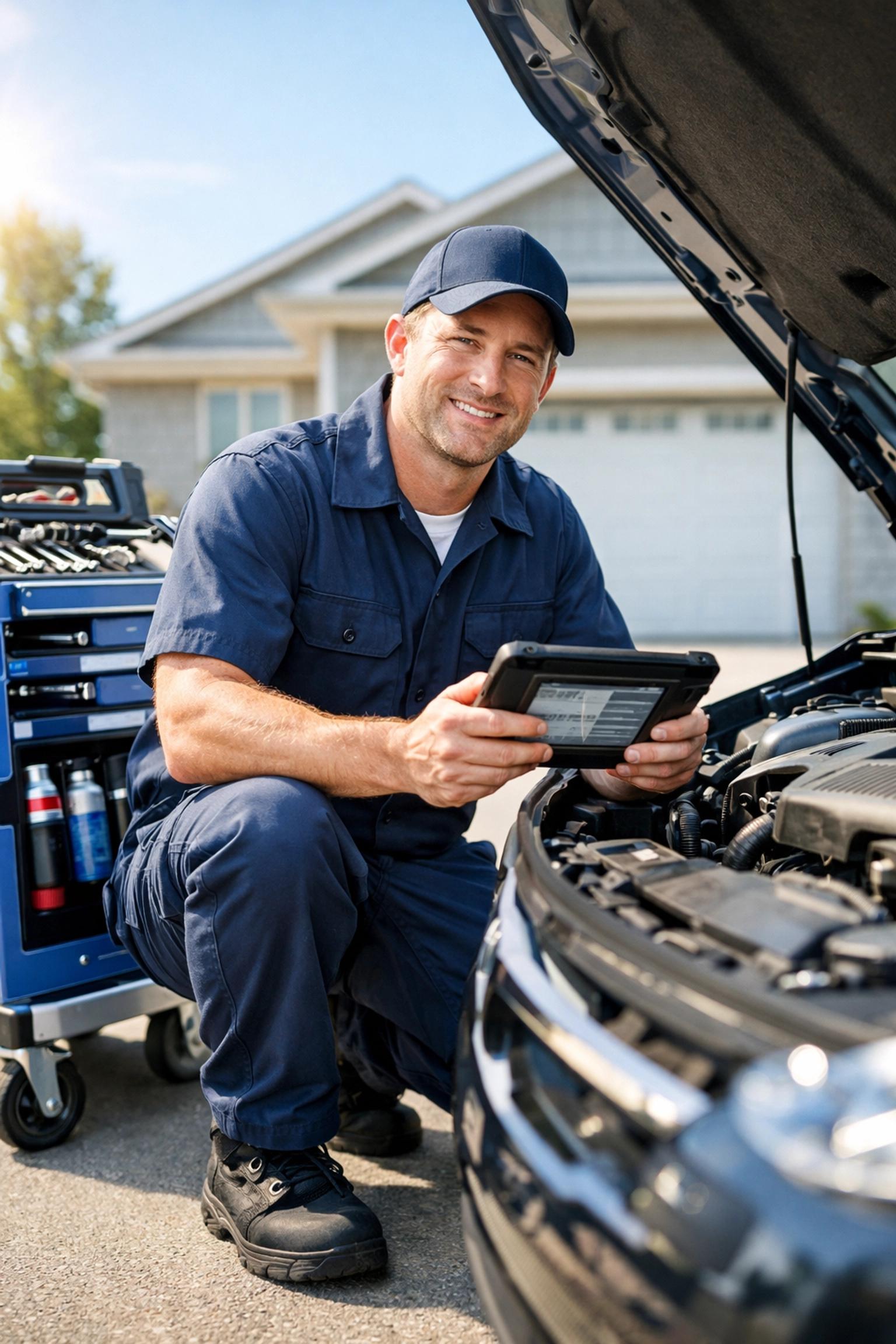 Mobile mechanic diagnosing car in Green Bay residential driveway