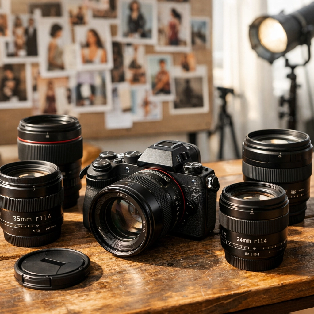 High-end camera equipment and lenses in a professional Los Angeles studio, showcasing technical photography standards.