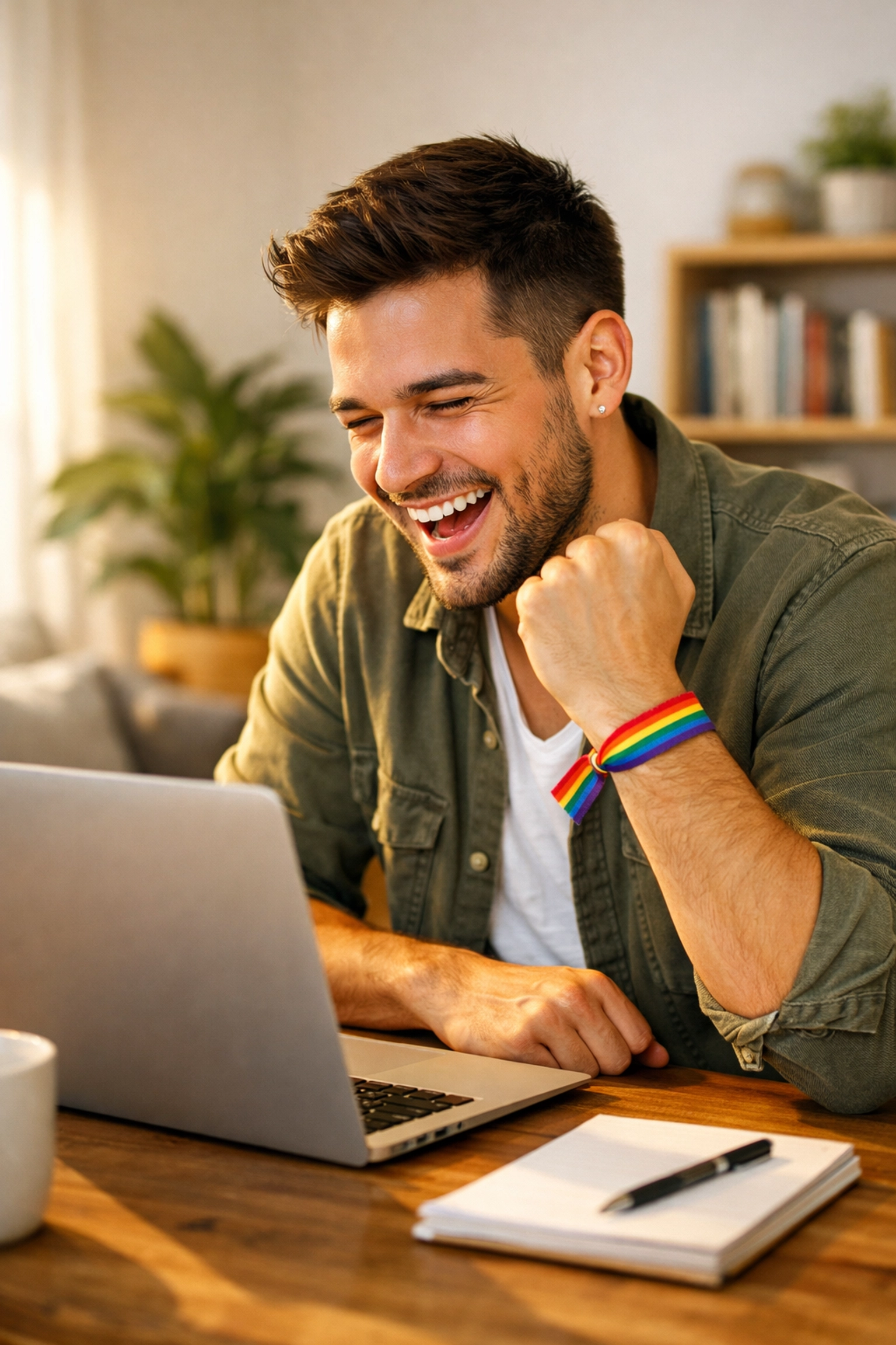 A joyful gay author in a home office celebrating high royalties for his LGBTQ+ fiction book.