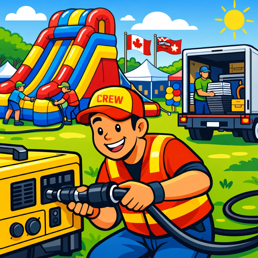 Professional event crew setting up a portable generator and large inflatable slide at an Ontario park festival.