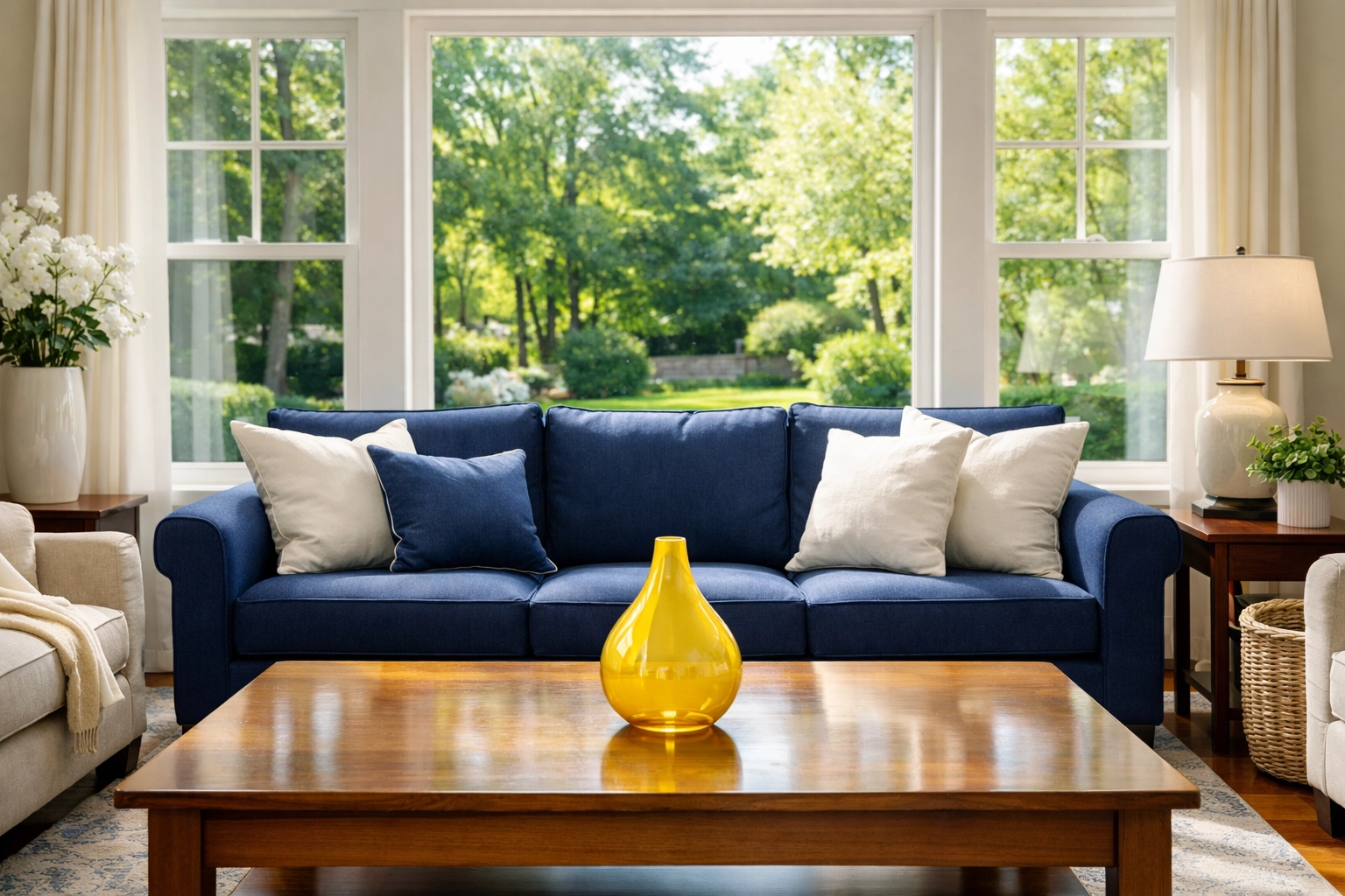 Immaculate sun-drenched living room care by professional house cleaning in Holliston, MA.