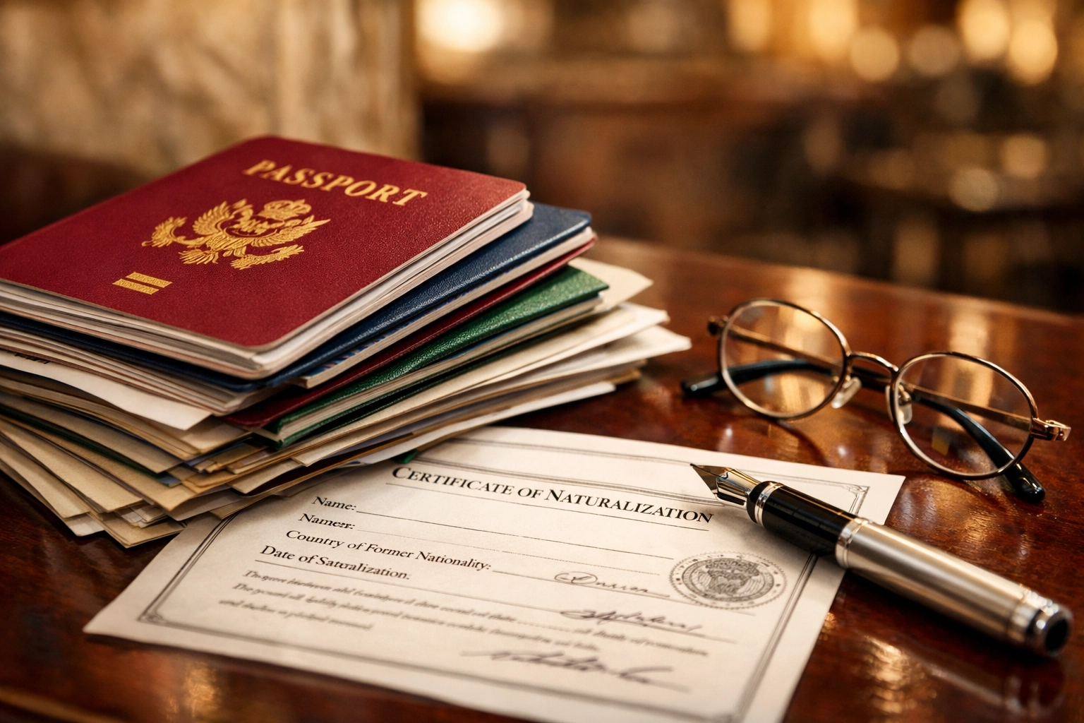 Passports and legal documents on a bank counter, highlighting citizenship surveillance and financial privacy concerns.