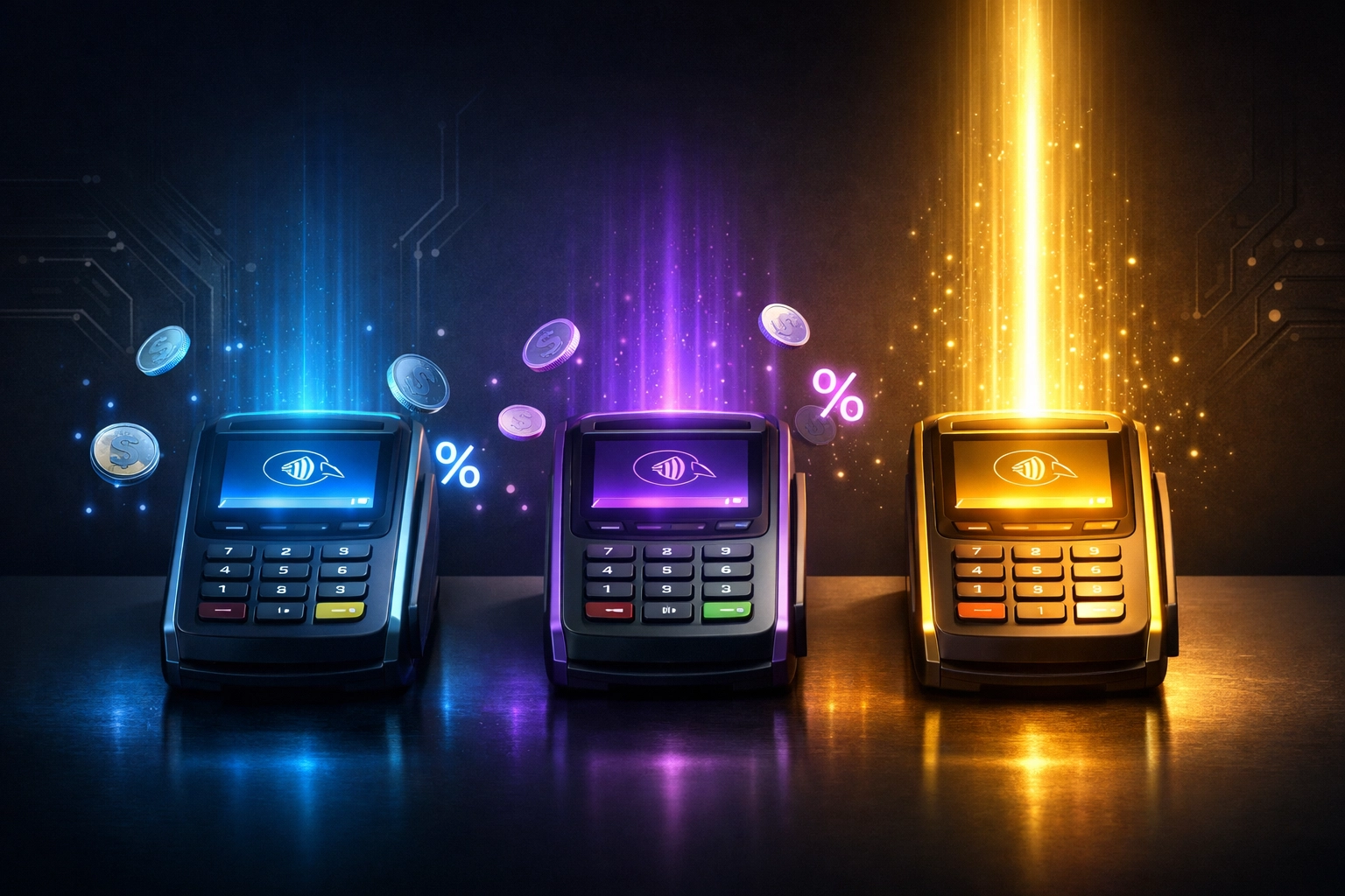 Three crypto payment terminals comparing NOWPayments, CoinPayments, and Larecoin fee structures