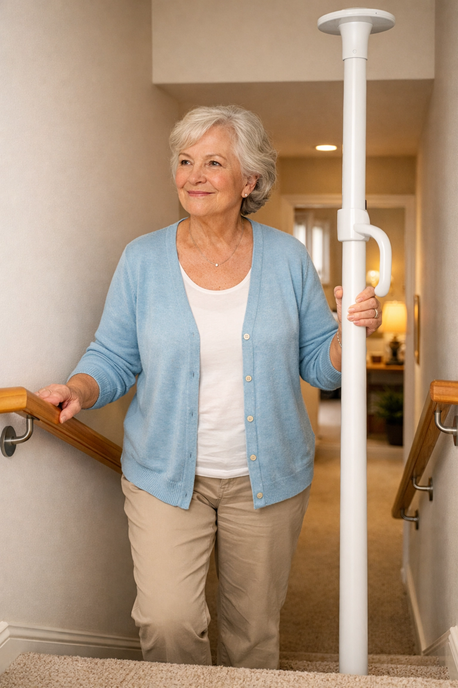 Senior woman using dual handrails and a mobility transfer pole at the top of a safe home staircase.