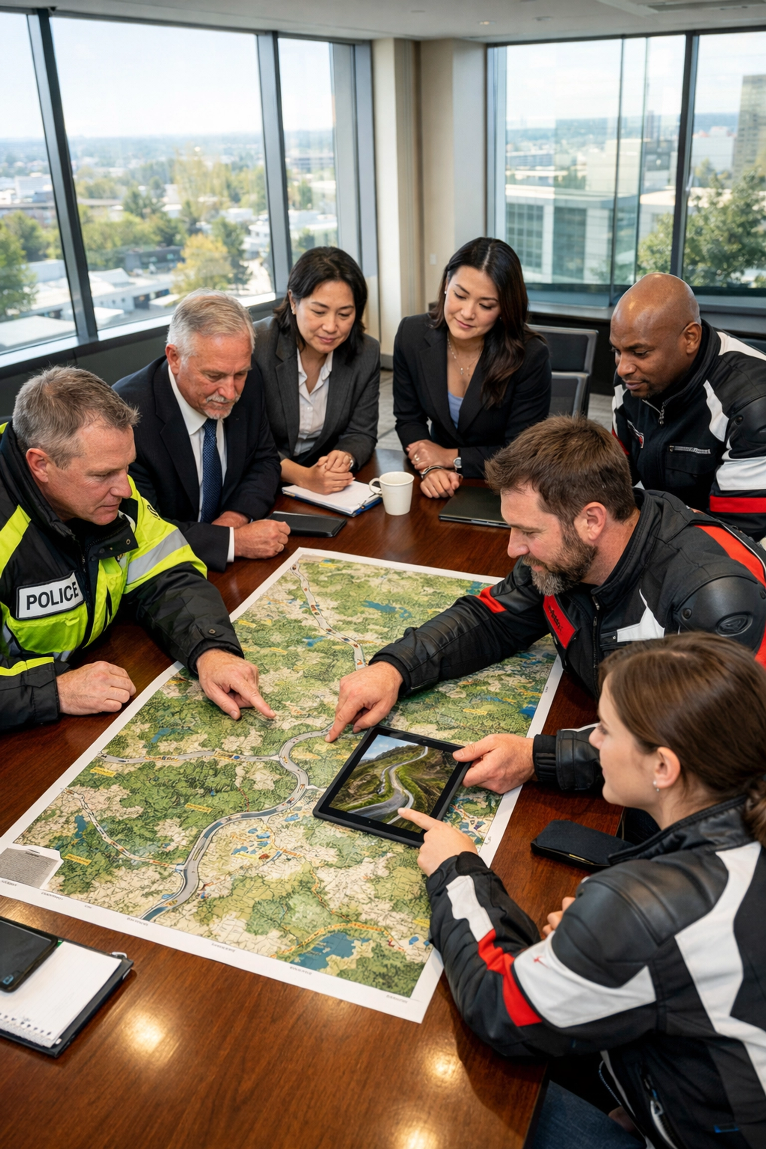 DOT and NTSB officials collaborating with motorcycle industry stakeholders to improve road safety.