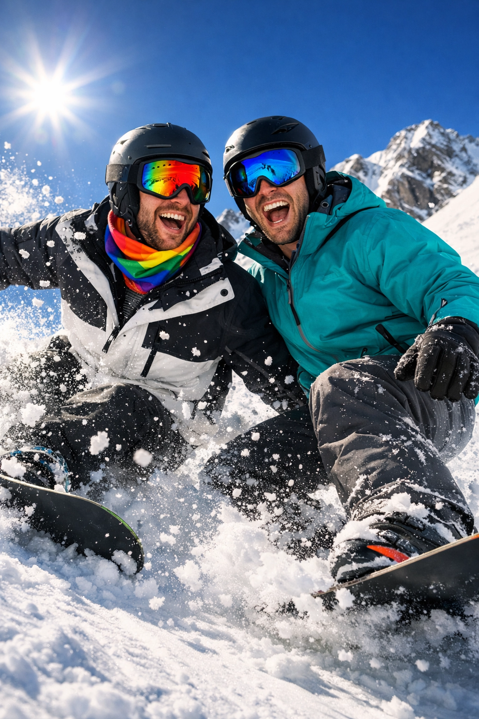 Two gay men laughing while snowboarding together on a sunny mountain during a queer winter ski trip in Aspen.