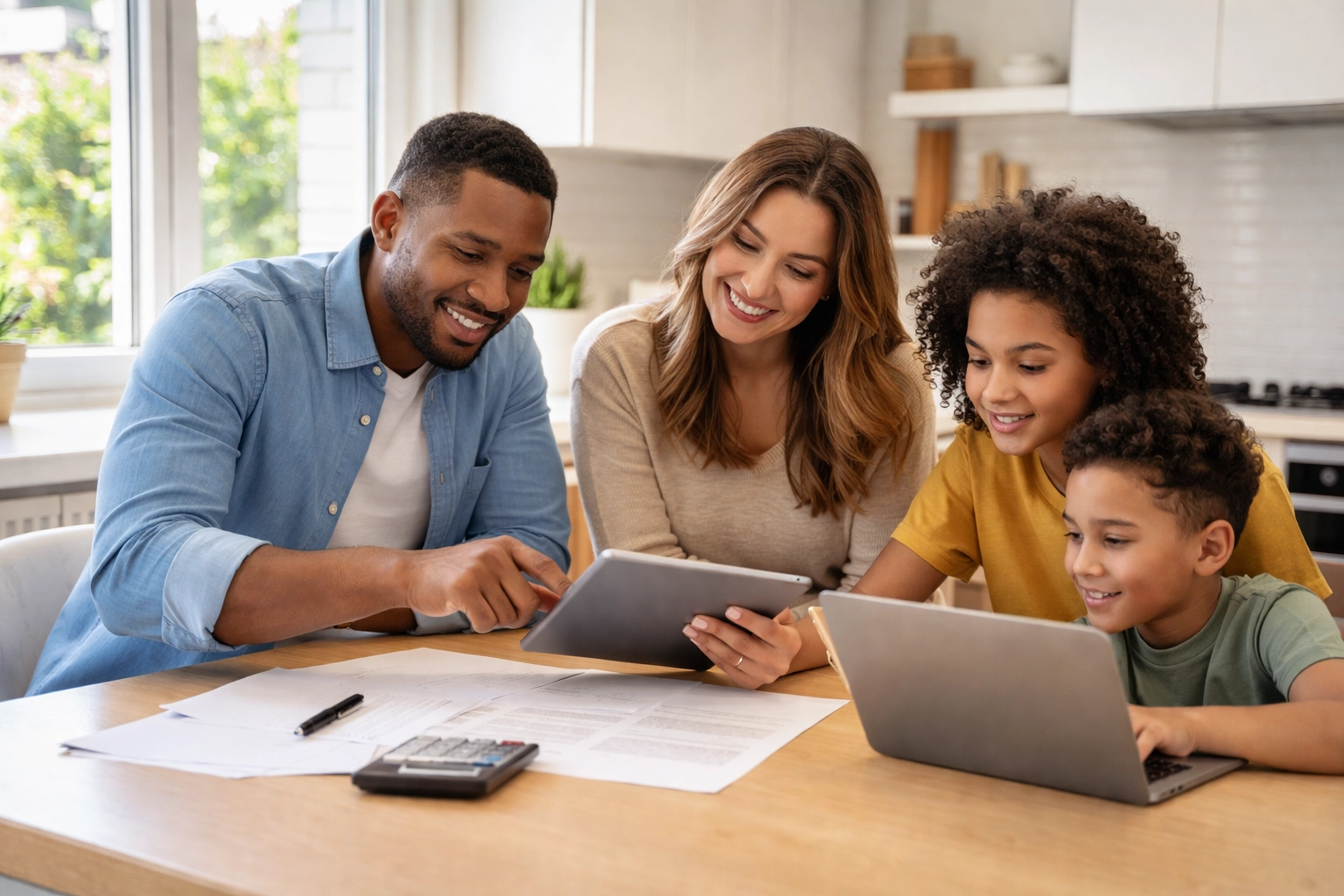 Diverse family reviewing paperwork together at kitchen table, discussing education tax benefits and credits.