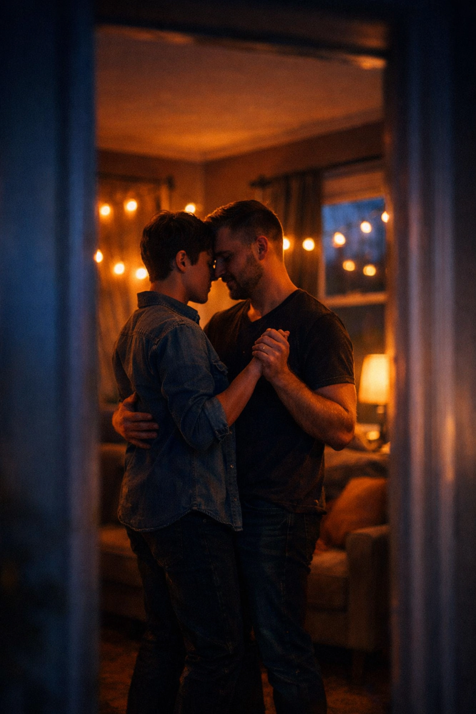 Same-sex couple slow dancing at home to soul music in intimate moment