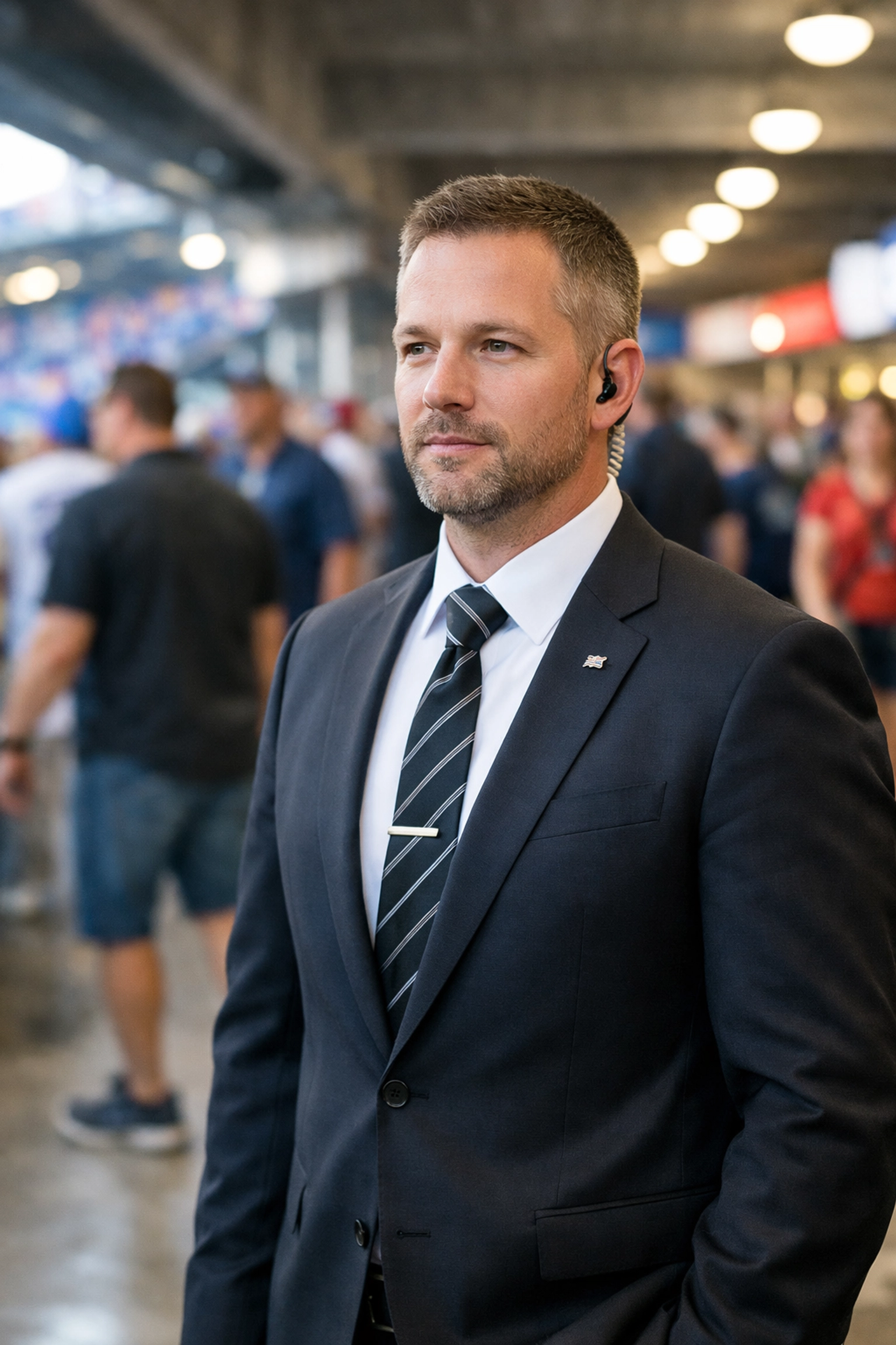 Professional security specialist monitoring crowd safety at Super Bowl executive hospitality event