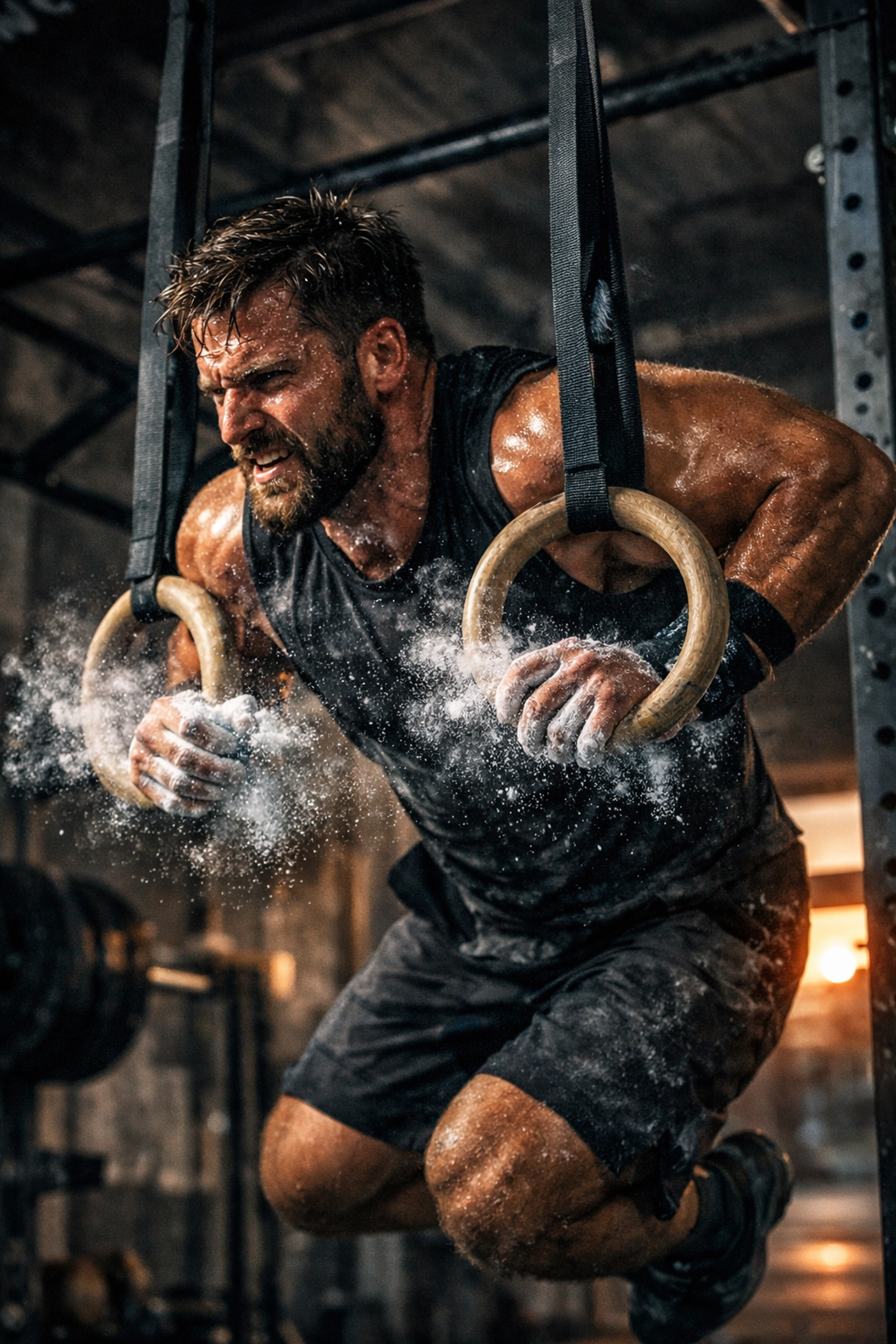 CrossFit athlete training with gymnastic rings on a compact home gym system in a garage.