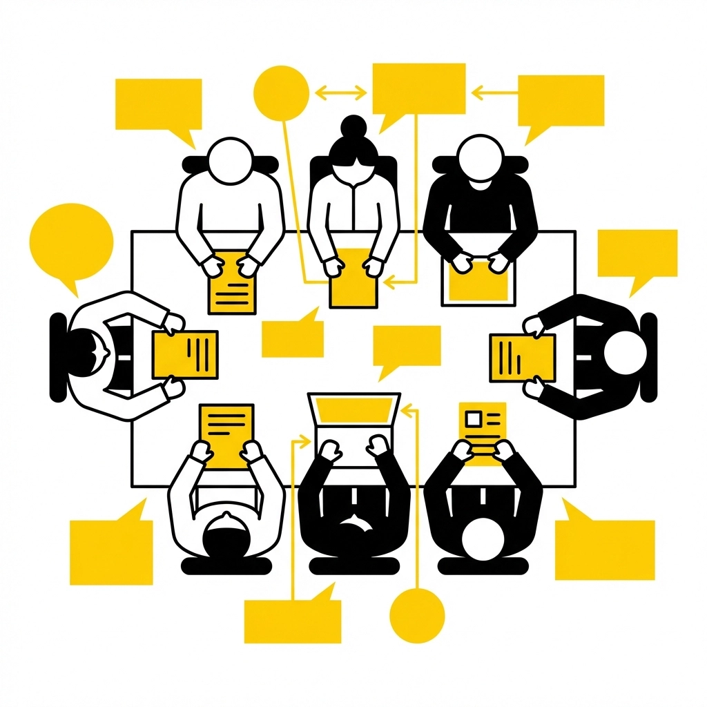 Six stylized figures sit around a table with laptops and papers, interacting with yellow speech bubbles. Minimalist, collaborative meeting setting.