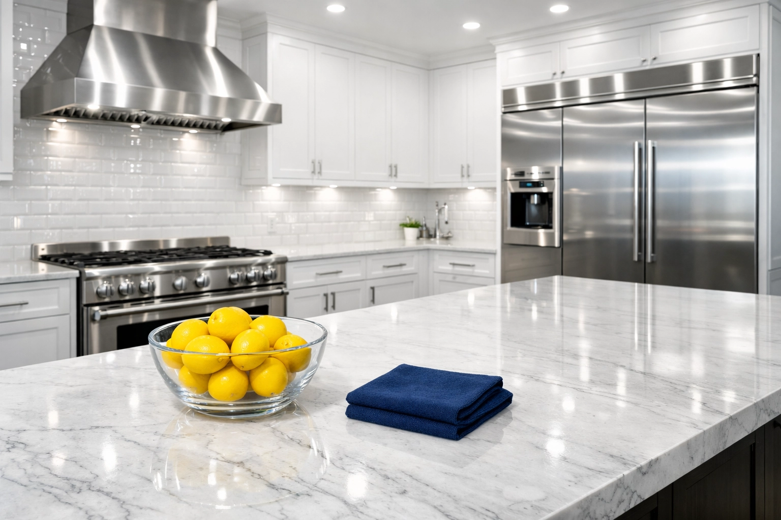 Deep cleaning MA results in a sparkling luxury kitchen with polished appliances and white marble counters.