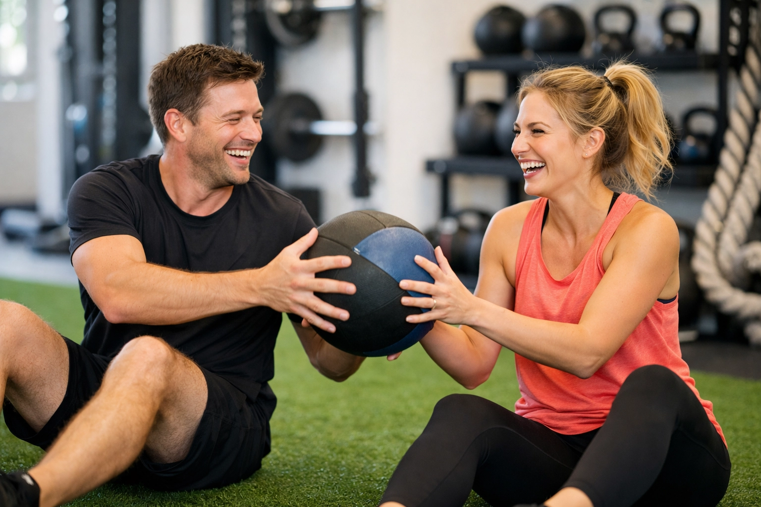 Two friends enjoying a fun and non-intimidating small group training session in Bournemouth.