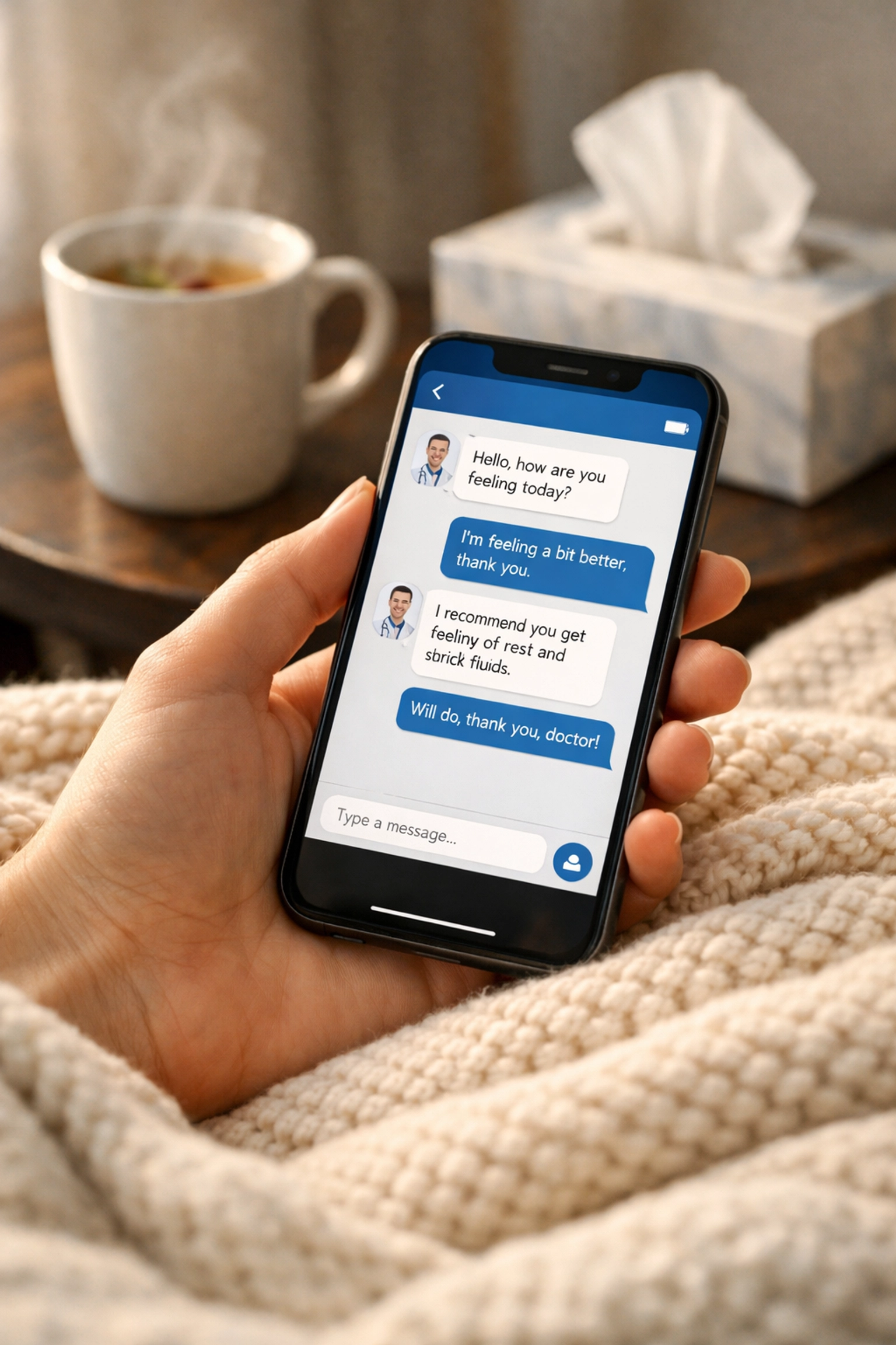 Consulting an online doctor for sinus infection treatment via secure medical chat from home.