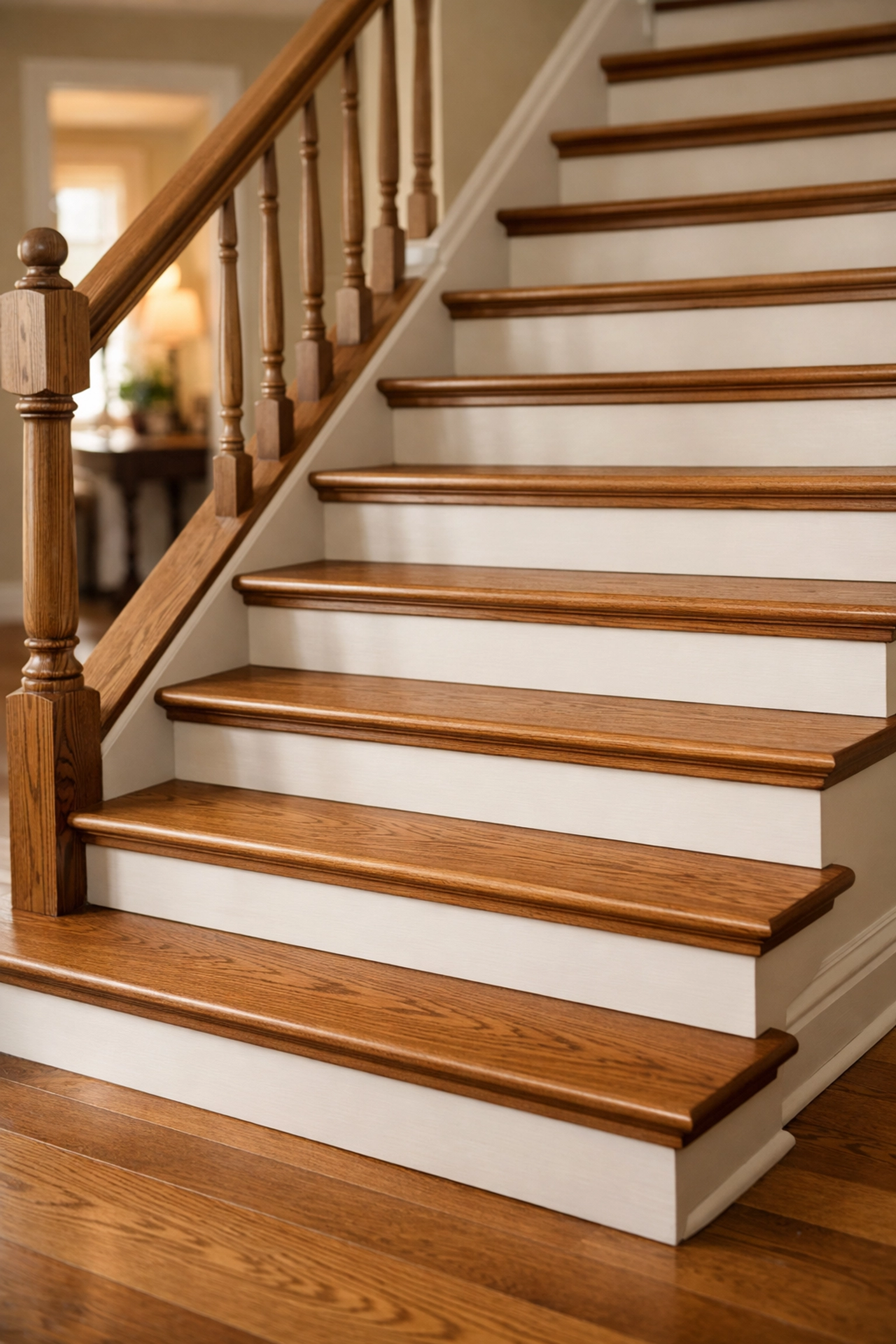 Uniform wooden stair steps with consistent rise and run to prevent tripping hazards in the home.