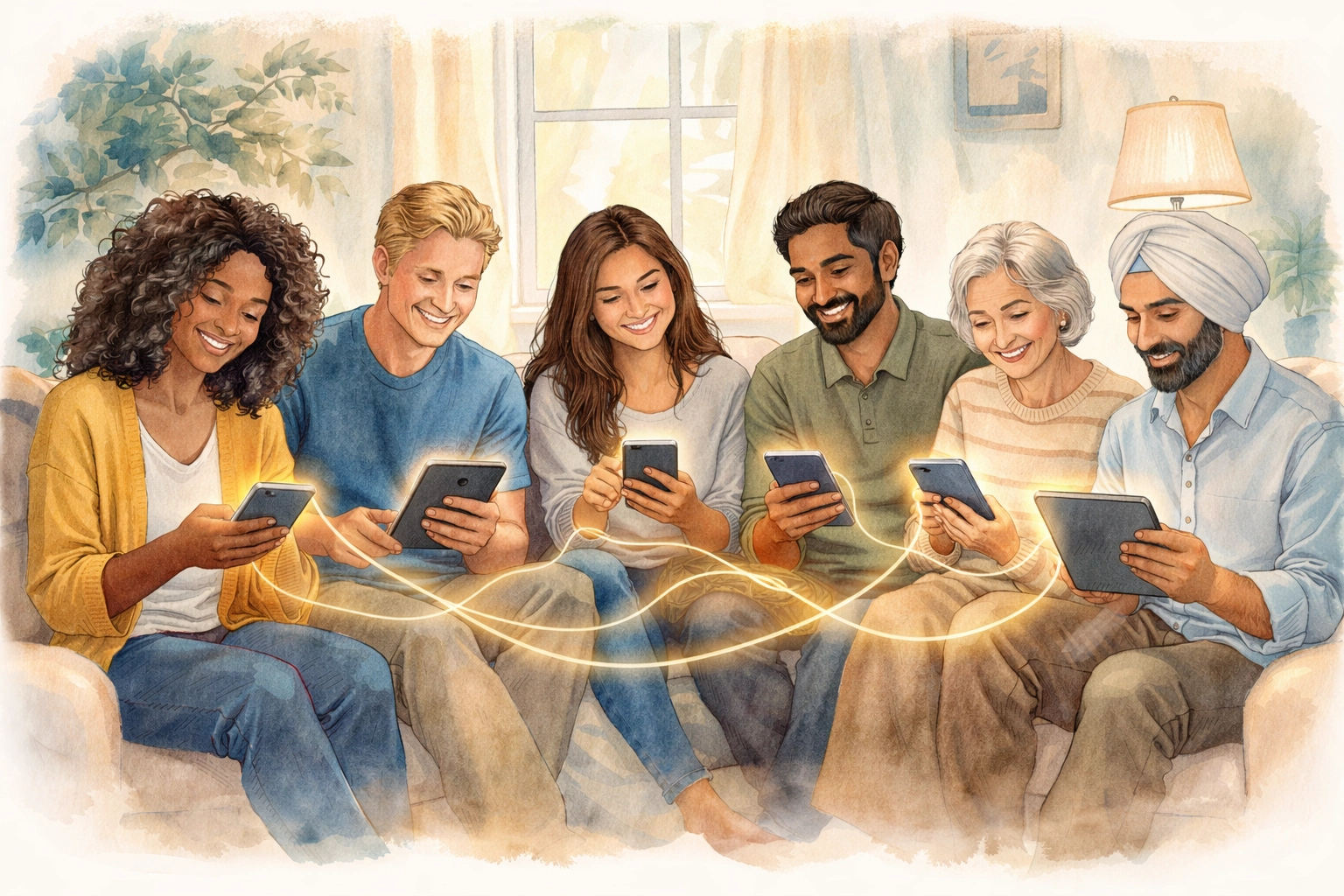 Hand-drawn illustration of a diverse, connected group sharing faith digitally in a cozy living room, symbolizing online evangelism.