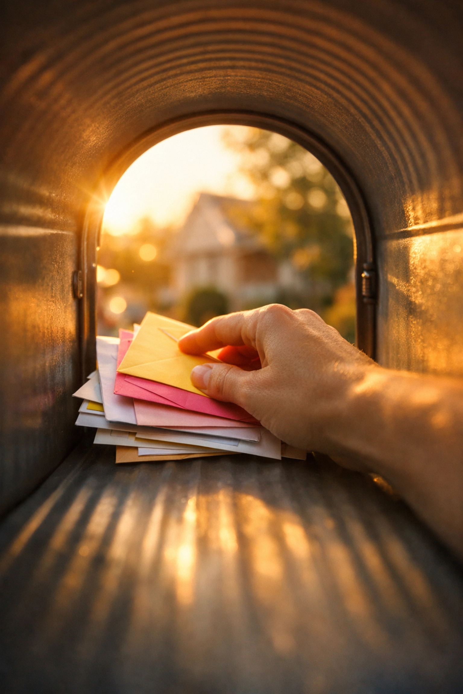 Hand retrieving personalized letters from mailbox, anticipating connection and friendship