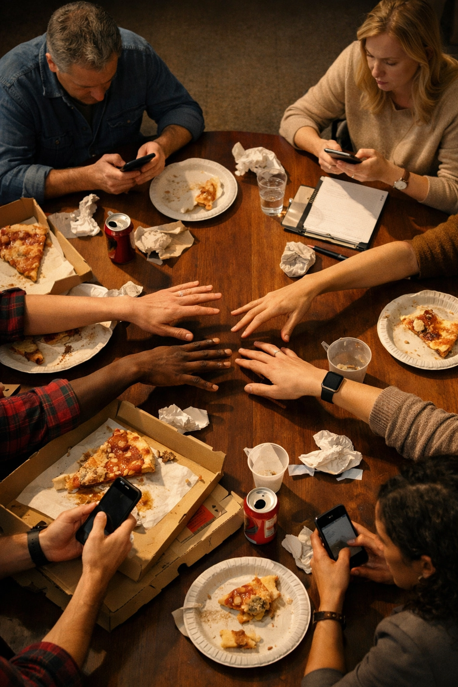 Disconnected team members on phones at pizza party showing passive workplace perks lack engagement