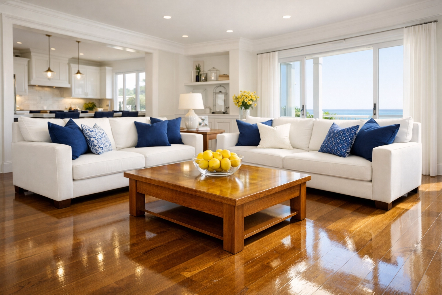 A bright, show-ready modern living room with polished hardwood floors and clean white furniture.
