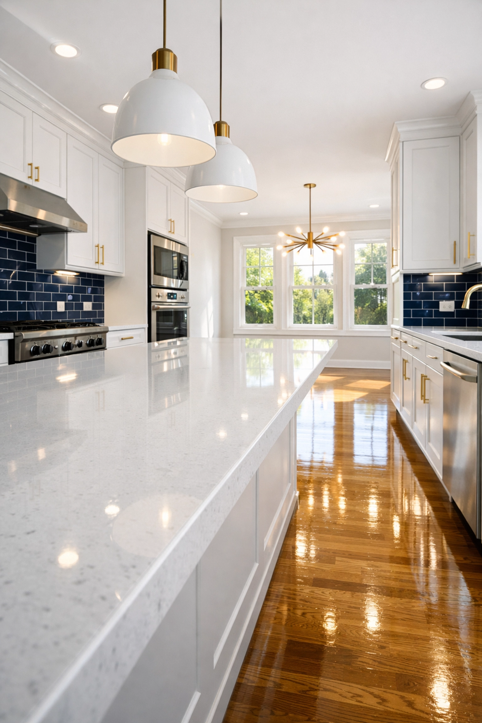 Spotless modern kitchen with white cabinets and polished floors after professional move-in cleaning in MetroWest.