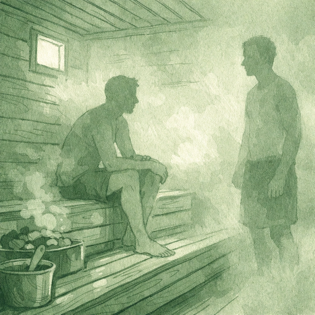 Steamy cedar sauna interior with two men - atmospheric setting for MM stories and gay fiction