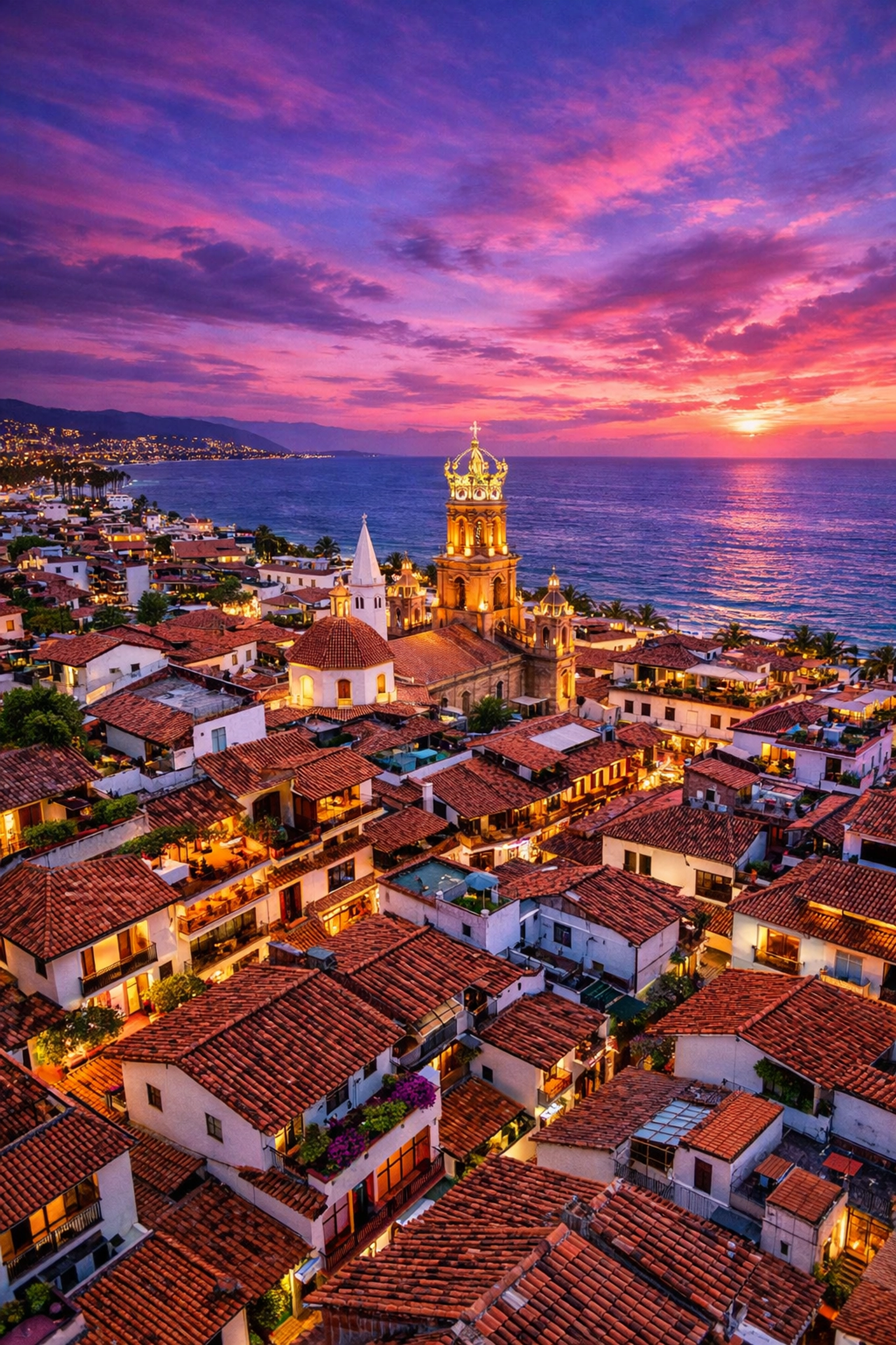 Aerial view of Zona Romántica Puerto Vallarta rooftops cascading toward the ocean at dusk