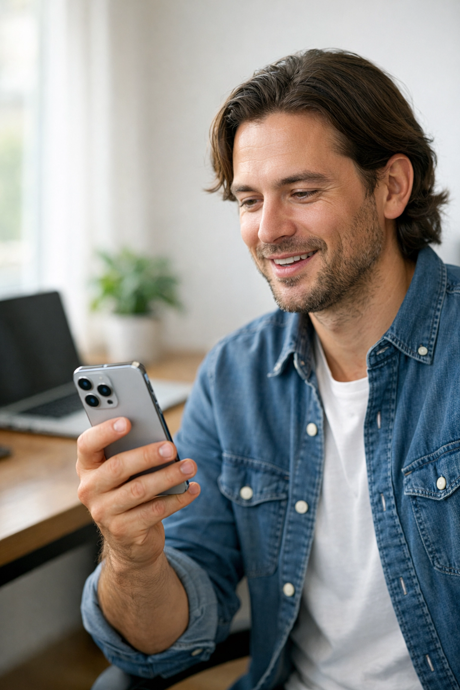 Professional user interacting with Apple’s new AI-powered Siri on an iPhone Pro in a modern home office.
