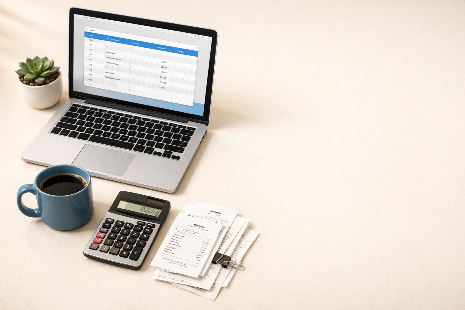 Small business bookkeeping workspace with laptop, calculator, and financial documents