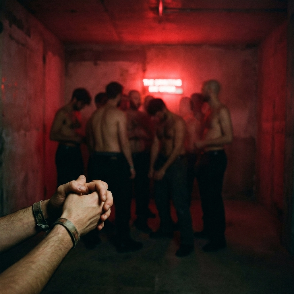 Group of men in crimson light representing the complex social dynamics of gay group sex and loss of self.