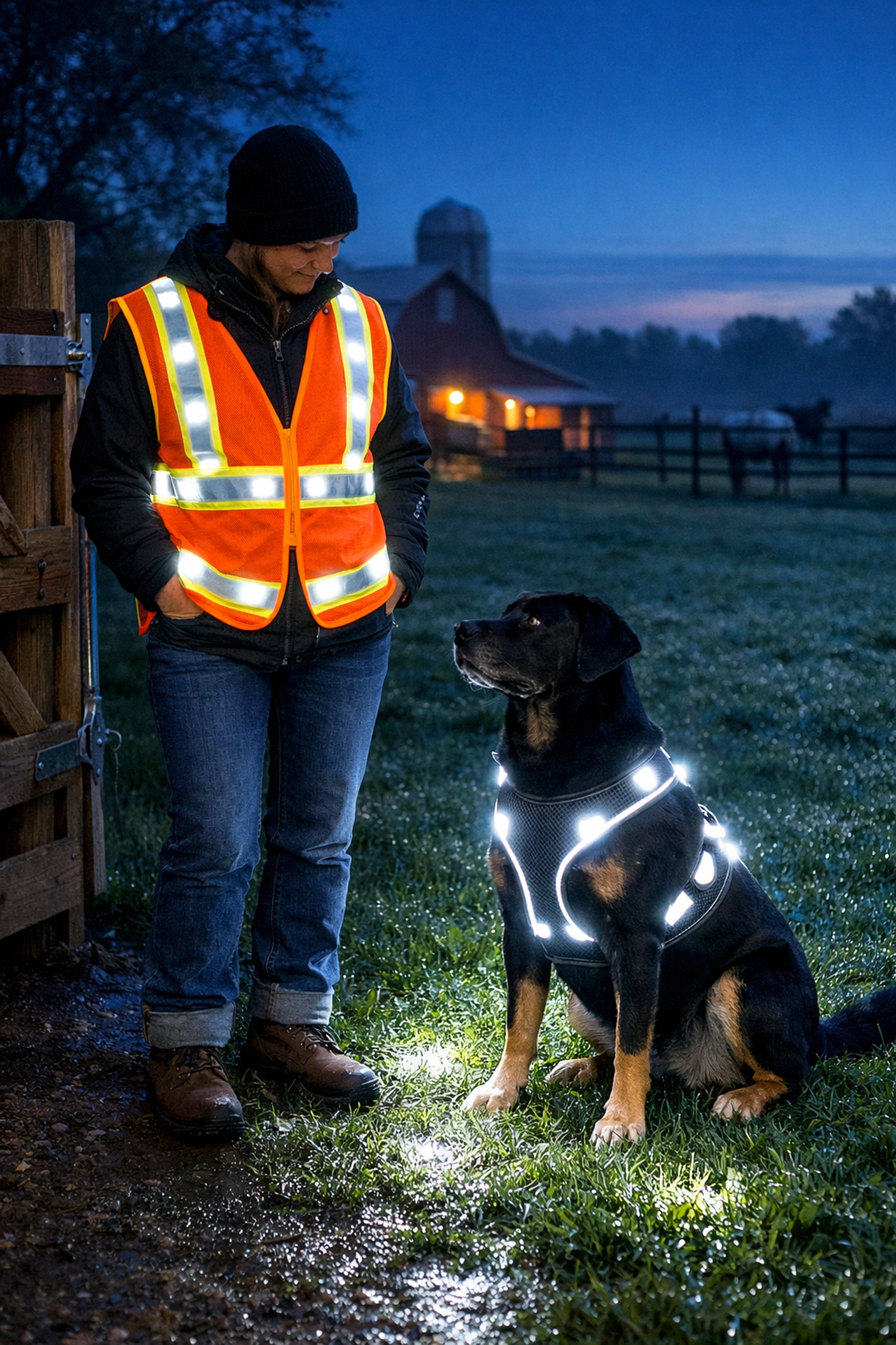 Farmer in an LED safety vest and dog in a white LED harness, showing family visibility gear on a farm at dawn.