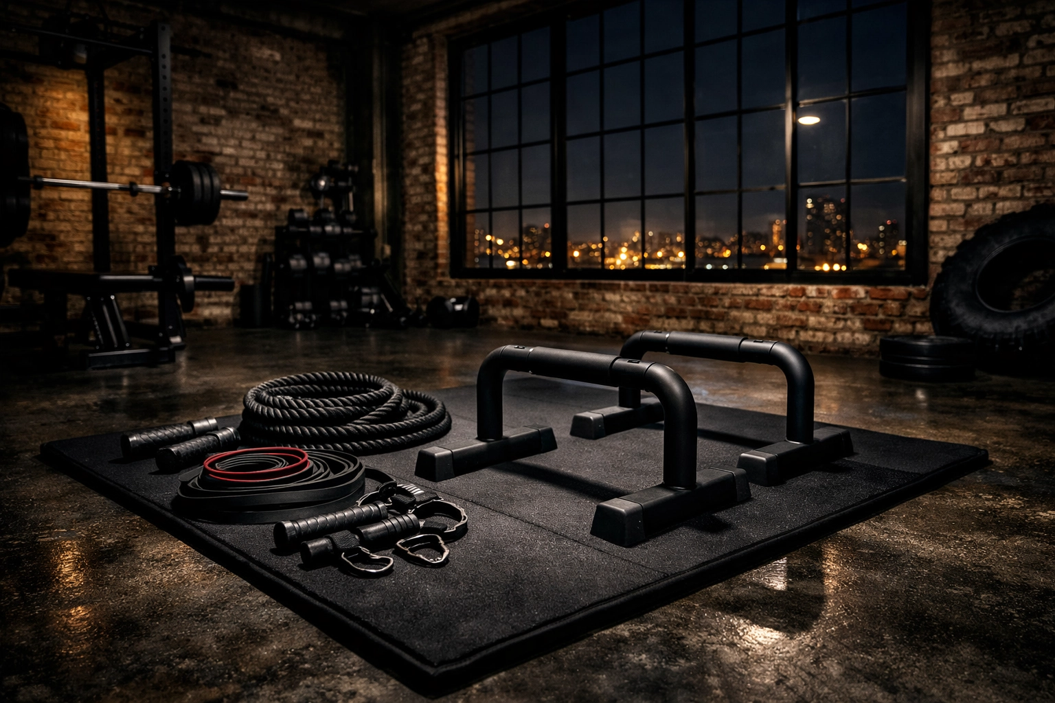 A modern home gym setup with essential calisthenics equipment like parallettes and a thick workout mat.