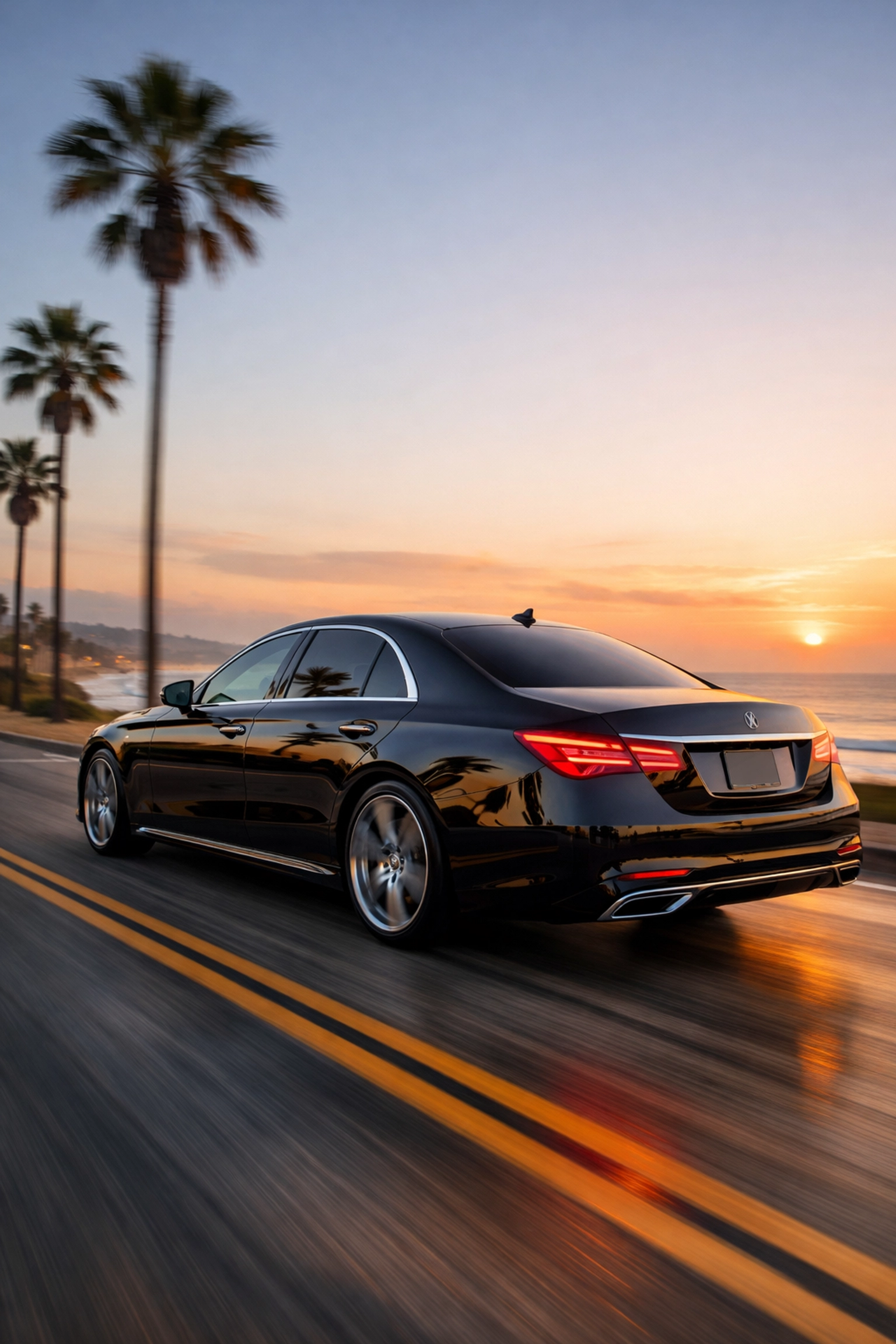 A luxury black sedan provides executive car service along a scenic coastal road in Newport Beach.