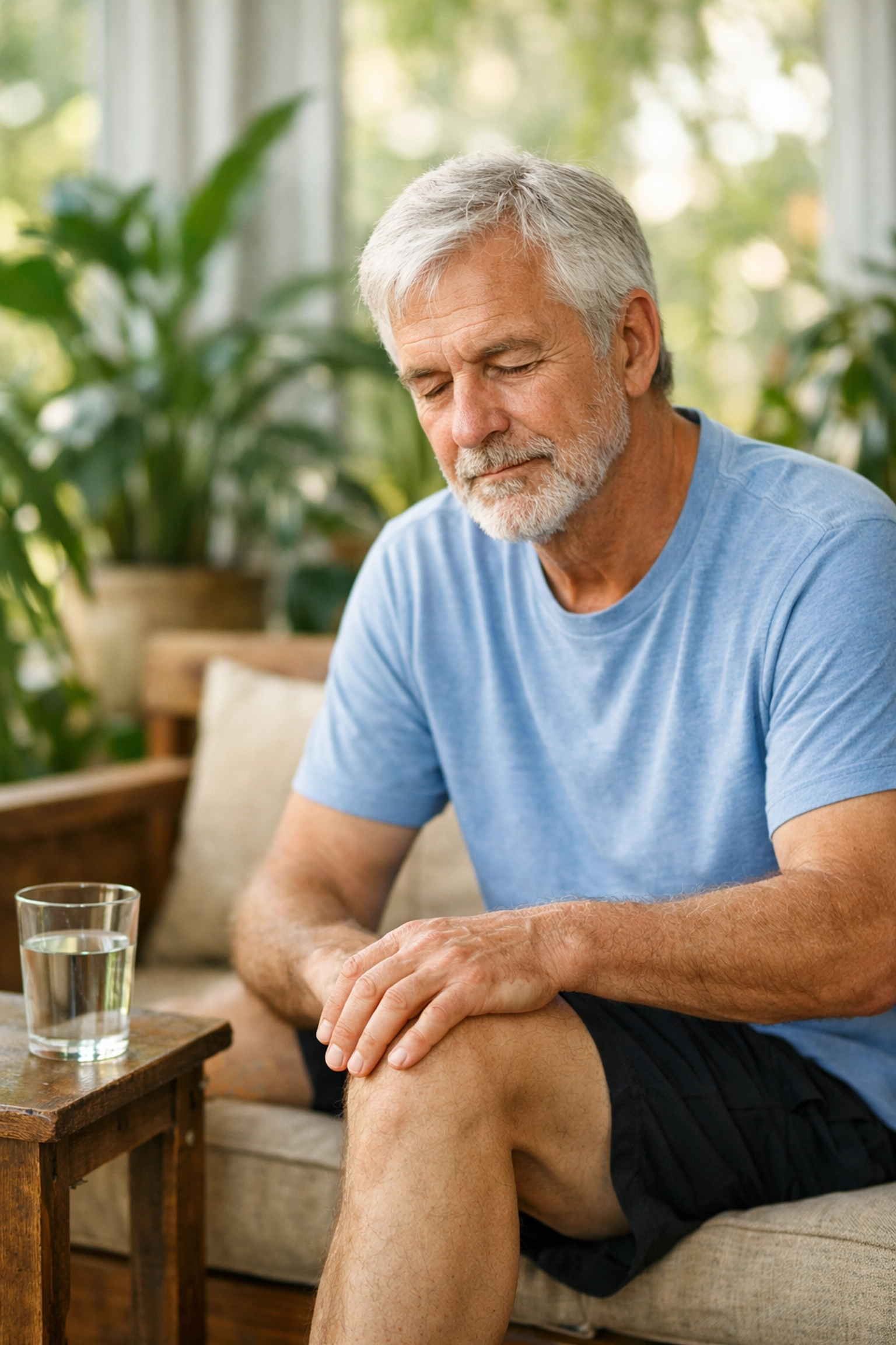 Senior man resting after exercise and monitoring his body for pain signals during post-fall rehabilitation.