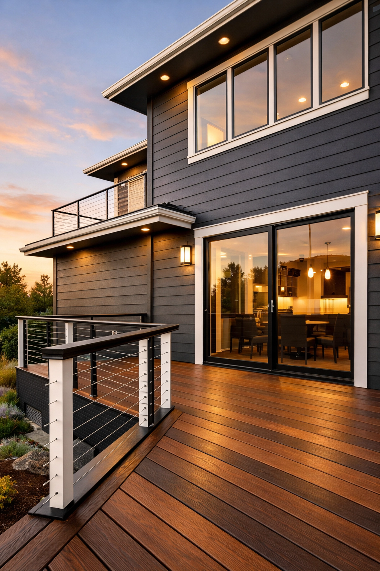 Modern home exterior with gray fiber cement siding and composite deck with cable railings