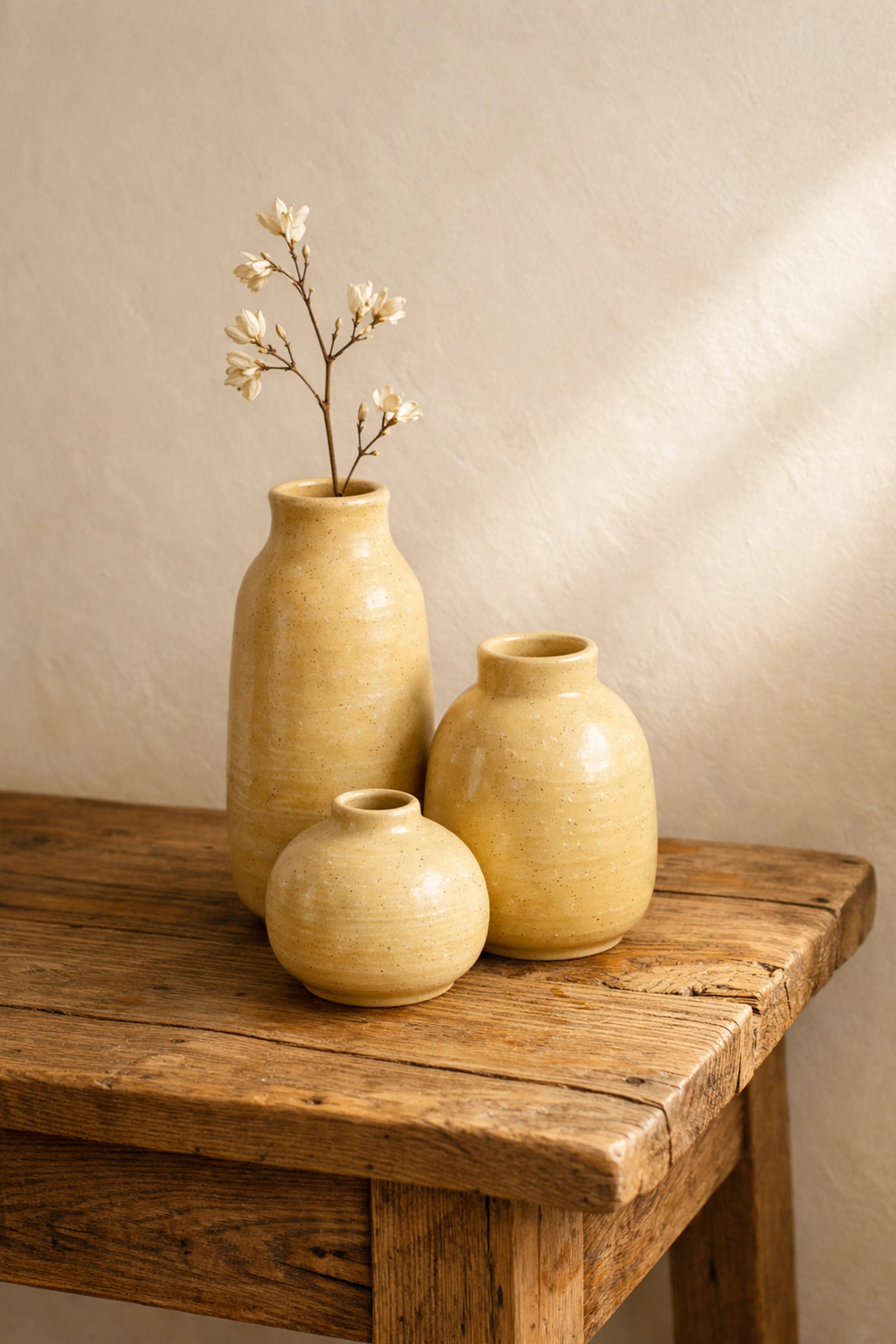 Handcrafted butter yellow ceramic vases on an oak side table showcasing unique handmade gifts and spring home decor.